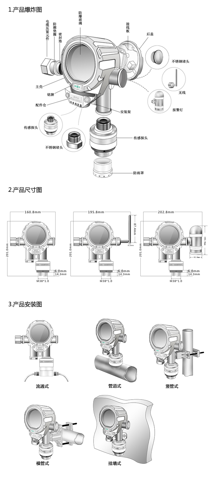 機氣貓固定在線式1-氯-2-甲基丙烷氣體檢測儀分體型網絡版尺寸與安裝圖